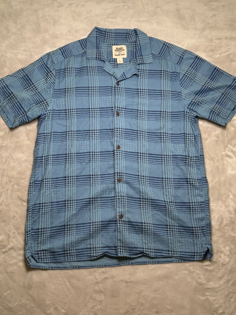 Blake Shelton x Lands End Shirt Mens L Blue Plaid Short Sleeve Camp Collar